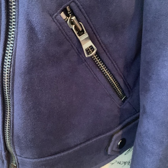 LOFT Navy Blue Faux Suede Microsuede Moto Jacket Women’s Size 0 XS Extra Small - Picture 3 of 10